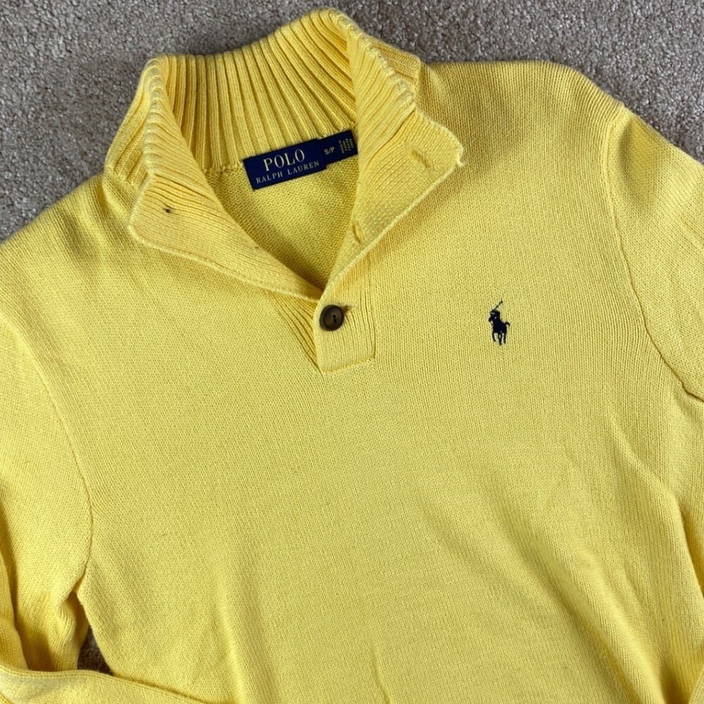 Polo Ralph Lauren Mens Yellow Cotton Knit Button Mock Neck Jumper Sweater - Picture 8 of 8